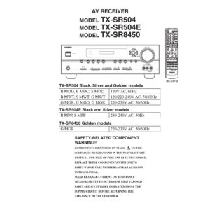 Onkyo tx sr504 service manual cover with an image of the device and its remote control, model type and code, manual issue date and service safety precaution notice