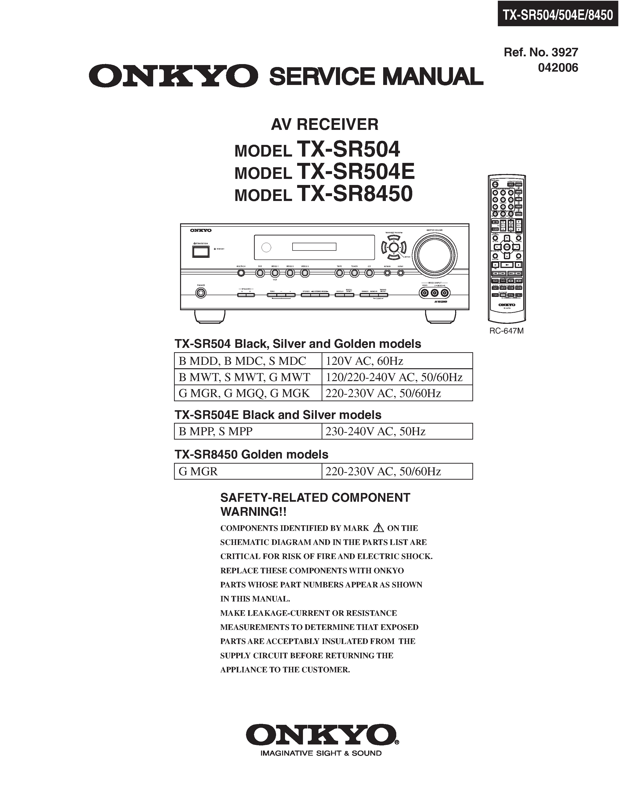 Onkyo tx sr504 service manual cover with an image of the device and its remote control, model type and code, manual issue date and service safety precaution notice