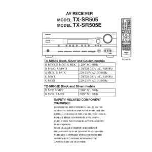 Onkyo tx sr505 service manual cover with an image of the device and its remote control, model type and code, manual issue date and service safety precaution notice