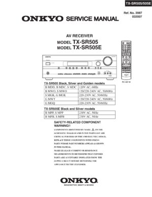 Onkyo tx sr505 service manual cover with an image of the device and its remote control, model type and code, manual issue date and service safety precaution notice