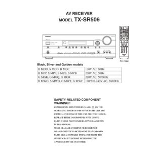 Onkyo tx sr506 service manual cover with an image of the device and its remote control, model type and code, manual issue date and service safety precaution notice