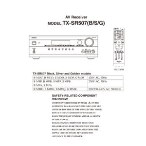 Onkyo tx sr507 service manual cover with an image of the device and its remote control, model type and code, manual issue date and service safety precaution notice