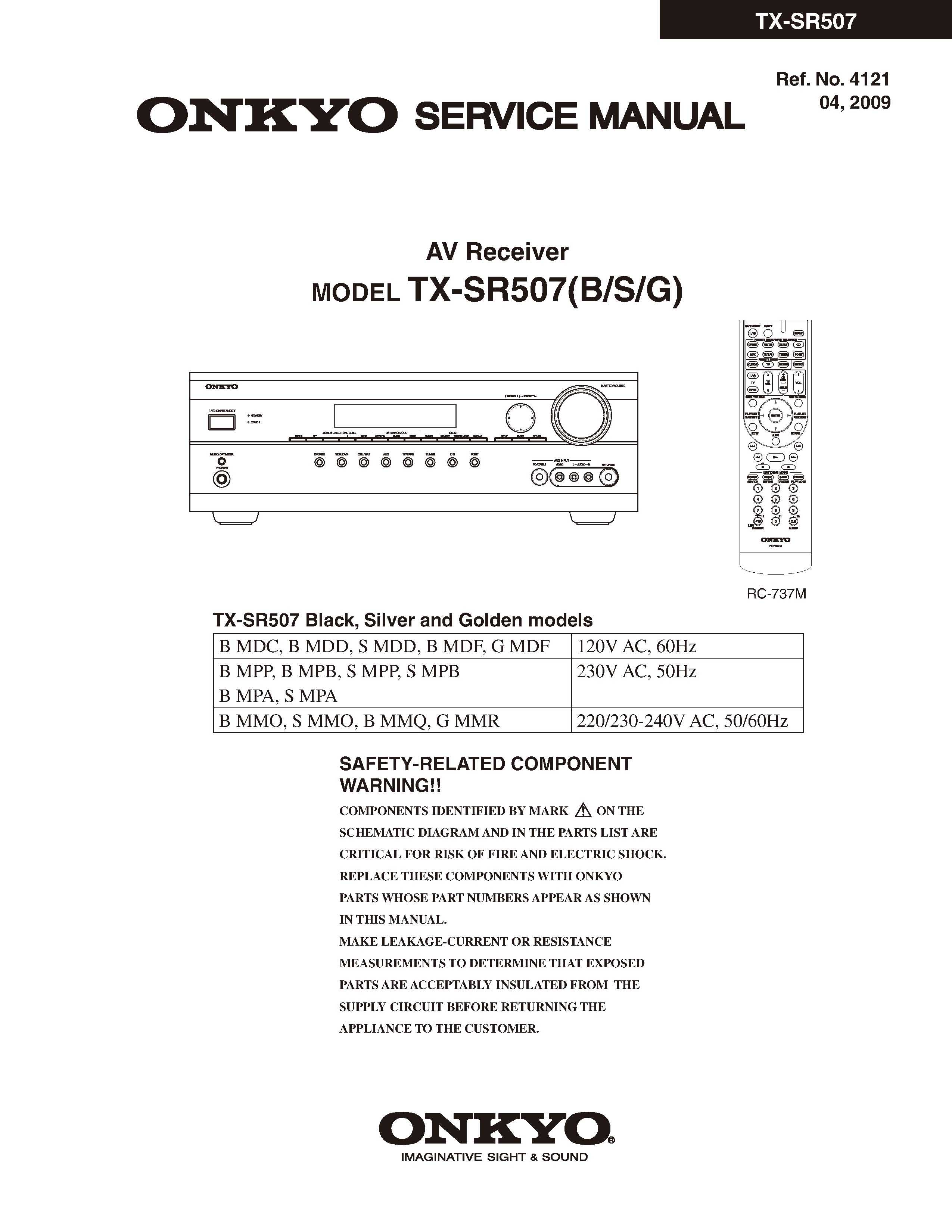 Onkyo tx sr507 service manual cover with an image of the device and its remote control, model type and code, manual issue date and service safety precaution notice
