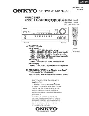 Onkyo tx sr508 service manual cover with an image of the device and its remote control, model type and code, manual issue date and service safety precaution notice