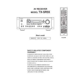 Onkyo tx sr55 service manual cover with an image of the device and its remote control, model type and code, manual issue date and service safety precaution notice