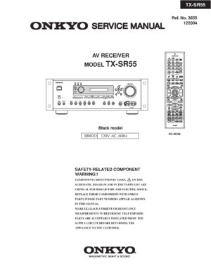 Onkyo tx sr55 service manual cover with an image of the device and its remote control, model type and code, manual issue date and service safety precaution notice