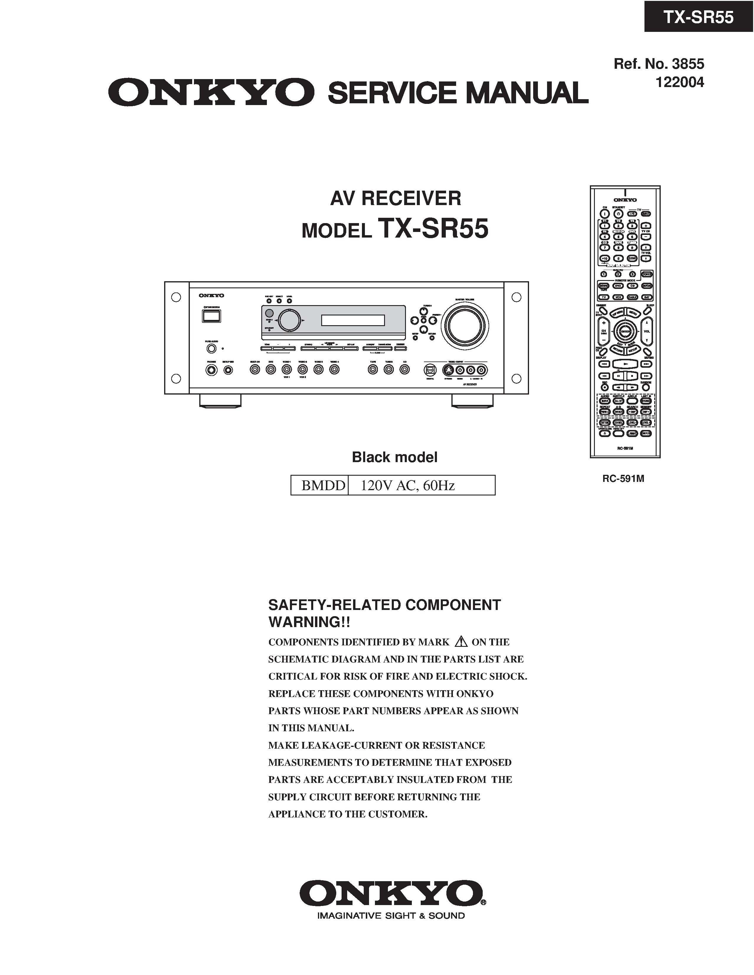 Onkyo tx sr55 service manual cover with an image of the device and its remote control, model type and code, manual issue date and service safety precaution notice
