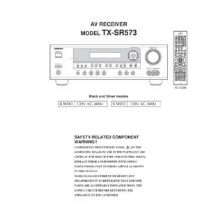 Onkyo tx sr573 service manual cover with an image of the device and its remote control, model type and code, manual issue date and service safety precaution notice