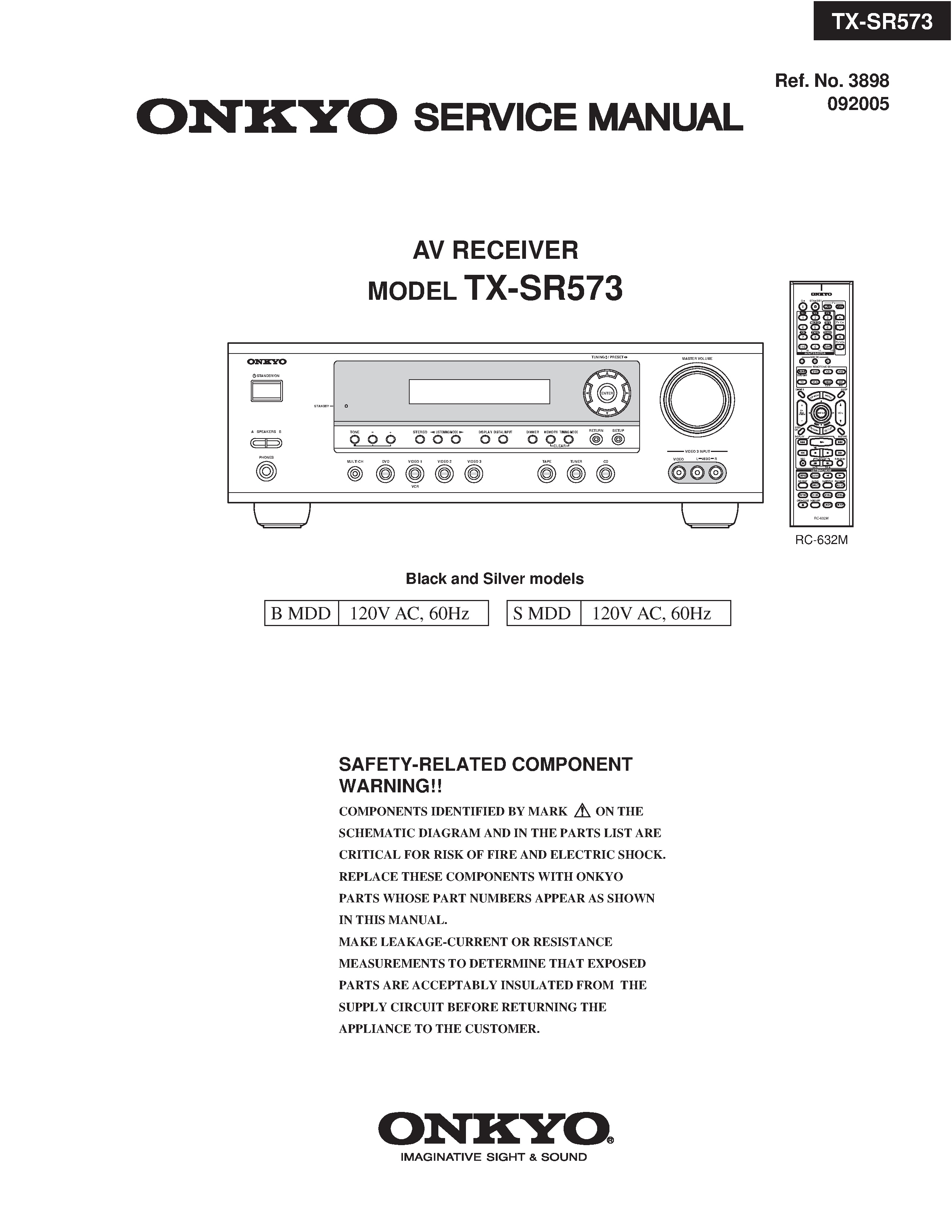 Onkyo tx sr573 service manual cover with an image of the device and its remote control, model type and code, manual issue date and service safety precaution notice