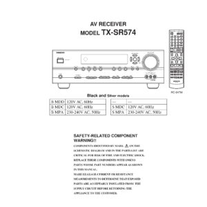 Onkyo tx sr574 service manual cover with an image of the device and its remote control, model type and code, manual issue date and service safety precaution notice