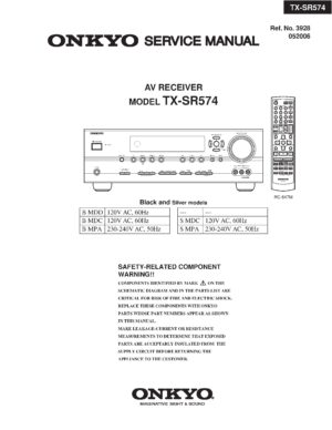 Onkyo tx sr574 service manual cover with an image of the device and its remote control, model type and code, manual issue date and service safety precaution notice