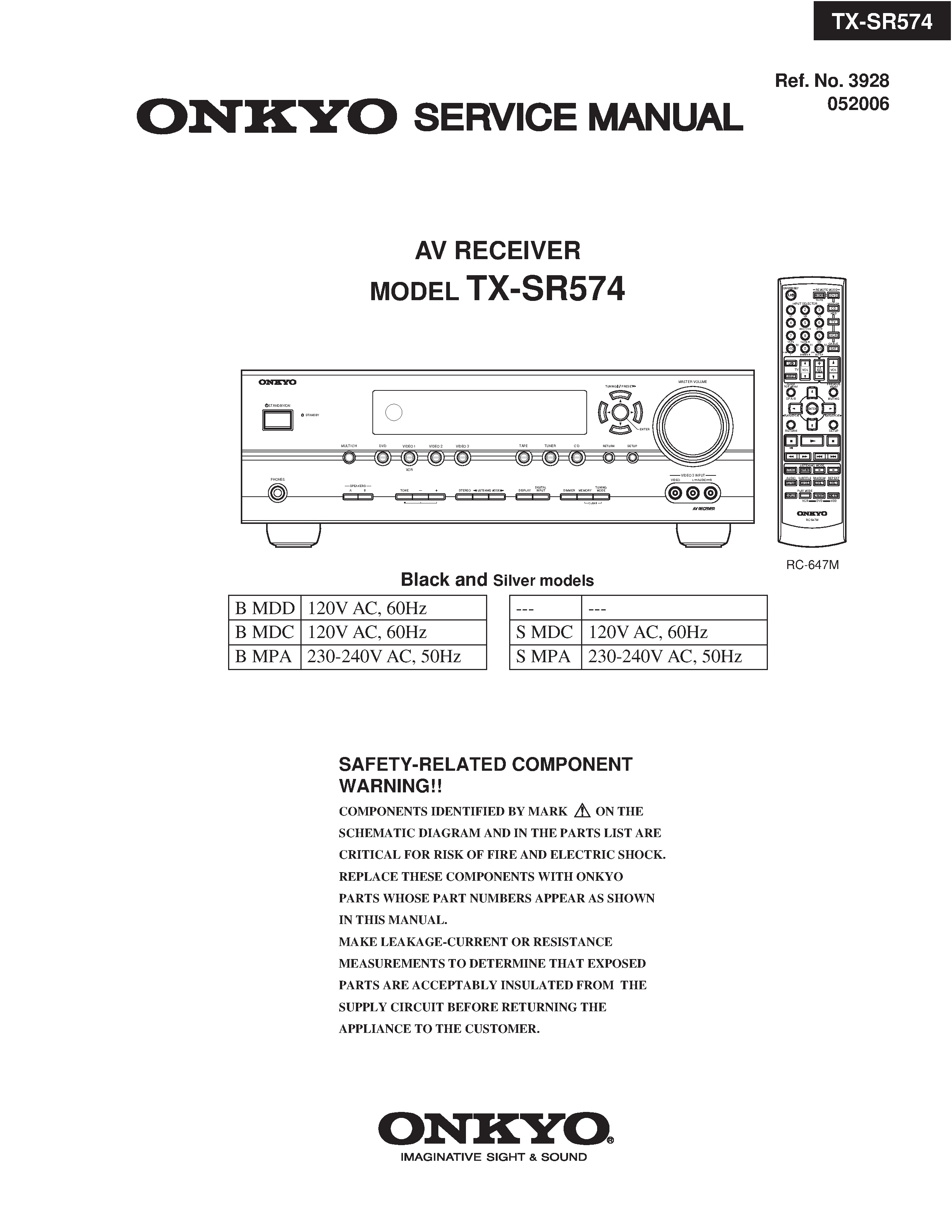 Onkyo tx sr574 service manual cover with an image of the device and its remote control, model type and code, manual issue date and service safety precaution notice