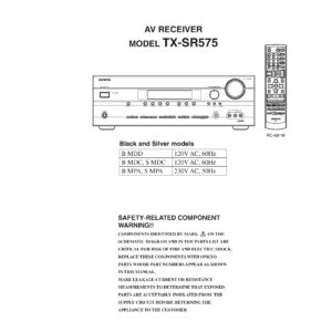 Onkyo tx sr575 service manual cover with an image of the device and its remote control, model type and code, manual issue date and service safety precaution notice