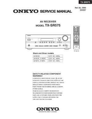 Onkyo tx sr575 service manual cover with an image of the device and its remote control, model type and code, manual issue date and service safety precaution notice
