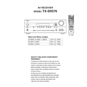 Onkyo tx sr576 service manual cover with an image of the device and its remote control, model type and code, manual issue date and service safety precaution notice