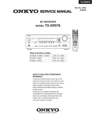 Onkyo tx sr576 service manual cover with an image of the device and its remote control, model type and code, manual issue date and service safety precaution notice