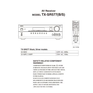 Onkyo tx sr577 service manual cover with an image of the device and its remote control, model type and code, manual issue date and service safety precaution notice