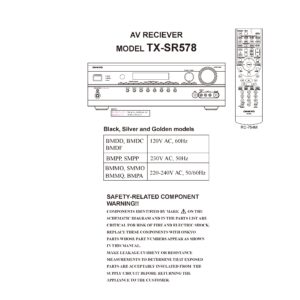 Onkyo tx sr578 service manual cover with an image of the device and its remote control, model type and code, manual issue date and service safety precaution notice