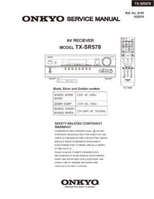 Onkyo tx sr578 service manual cover with an image of the device and its remote control, model type and code, manual issue date and service safety precaution notice
