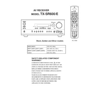 Onkyo tx sr600 service manual cover with an image of the device and its remote control, model type and code, manual issue date and service safety precaution notice