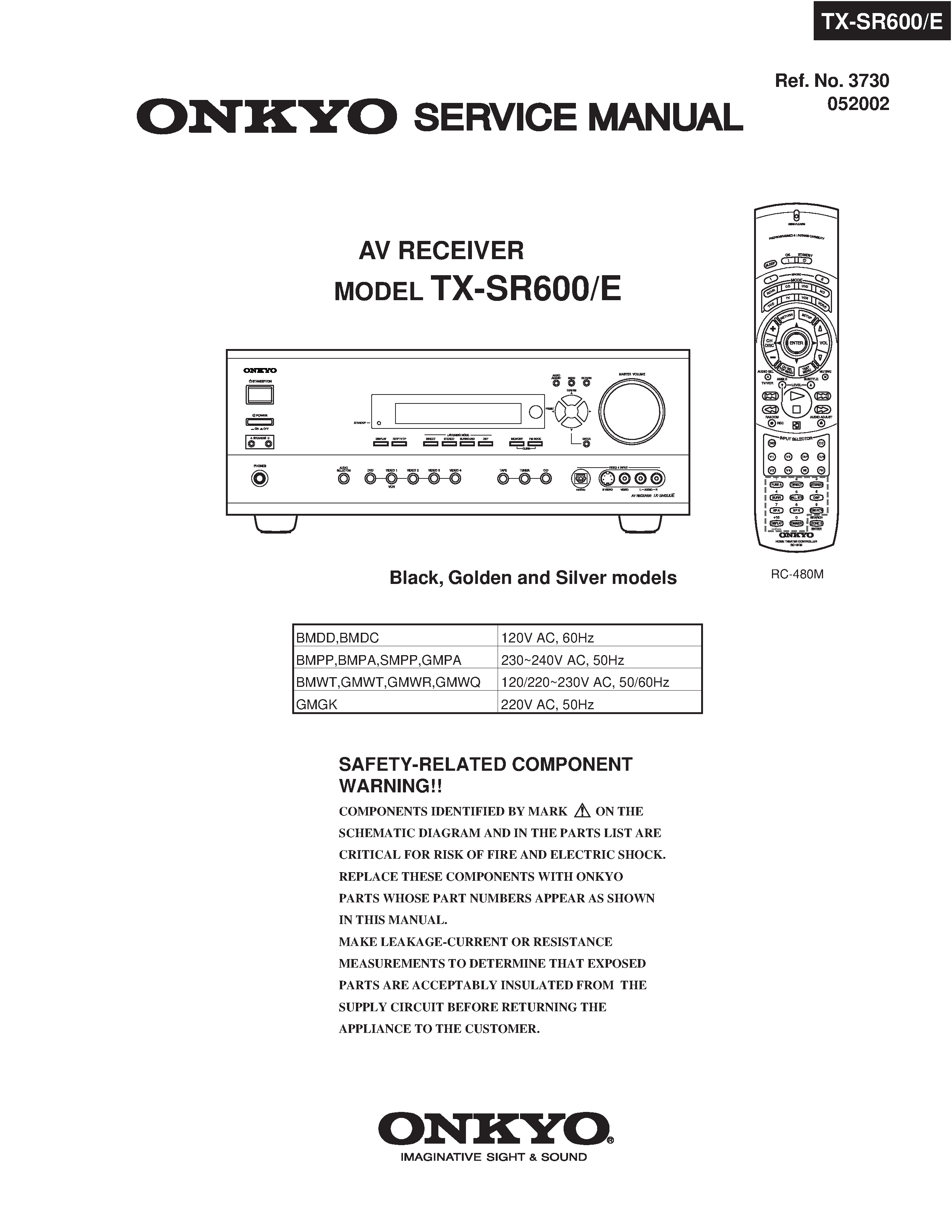 Onkyo tx sr600 service manual cover with an image of the device and its remote control, model type and code, manual issue date and service safety precaution notice