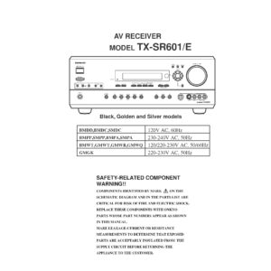 Onkyo tx sr601 service manual cover with an image of the device and its remote control, model type and code, manual issue date and service safety precaution notice