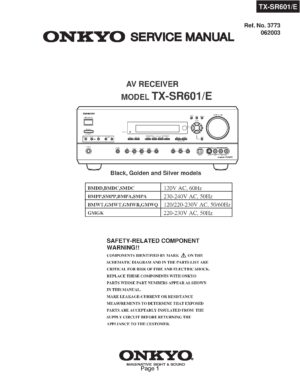 Onkyo tx sr601 service manual cover with an image of the device and its remote control, model type and code, manual issue date and service safety precaution notice