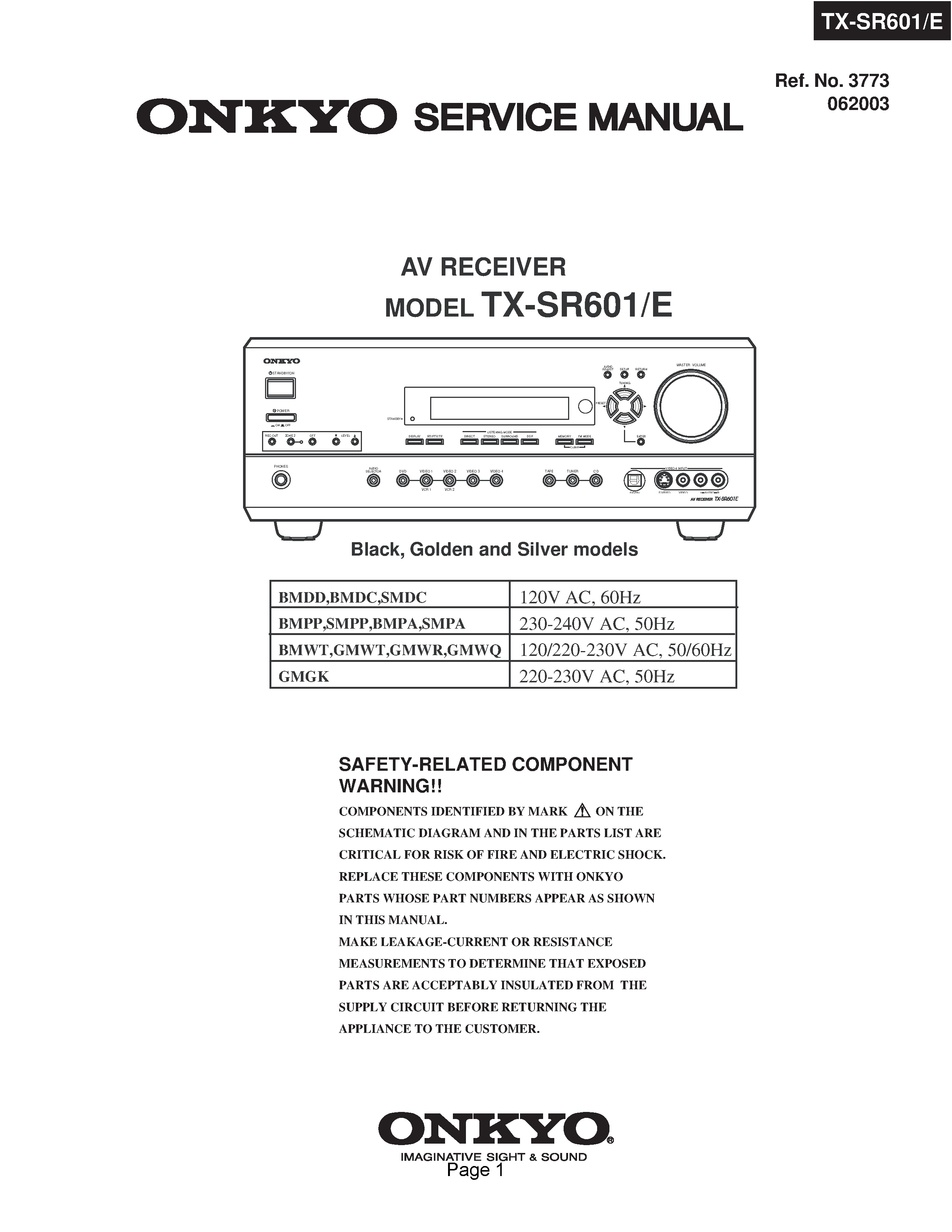 Onkyo tx sr601 service manual cover with an image of the device and its remote control, model type and code, manual issue date and service safety precaution notice