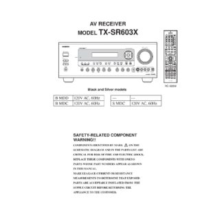 Onkyo tx sr603x service manual cover with an image of the device and its remote control, model type and code, manual issue date and service safety precaution notice