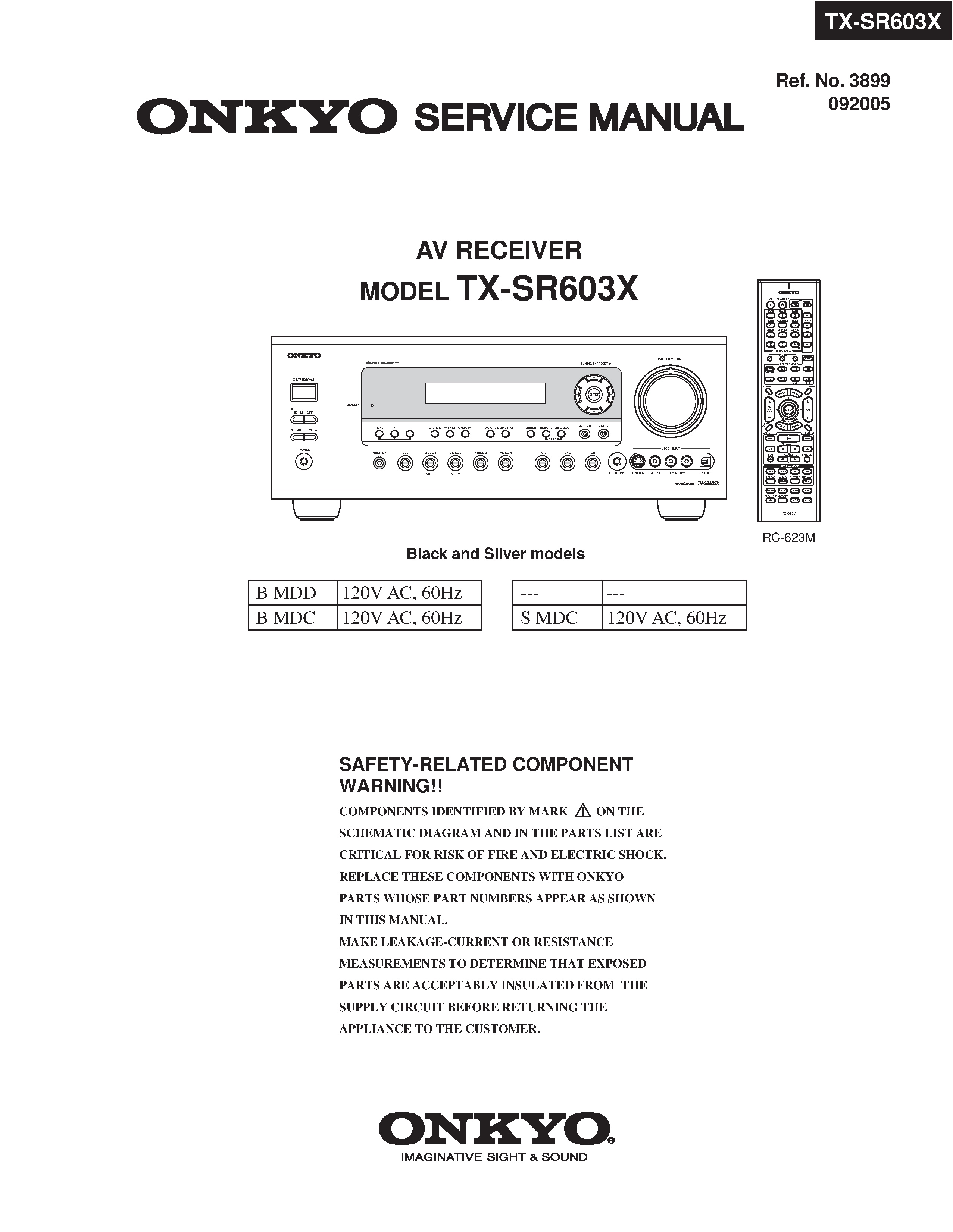 Onkyo tx sr603x service manual cover with an image of the device and its remote control, model type and code, manual issue date and service safety precaution notice