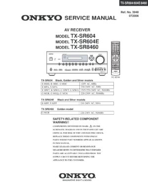 Onkyo tx sr604 service manual cover with an image of the device and its remote control, model type and code, manual issue date and service safety precaution notice
