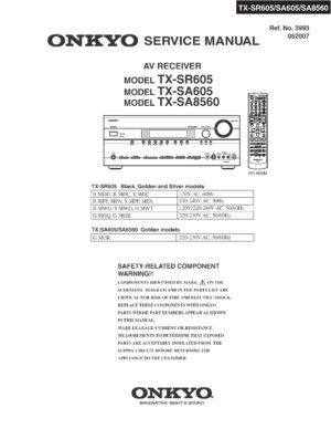 Onkyo tx sr605 service manual cover with an image of the device and its remote control, model type and code, manual issue date and service safety precaution notice