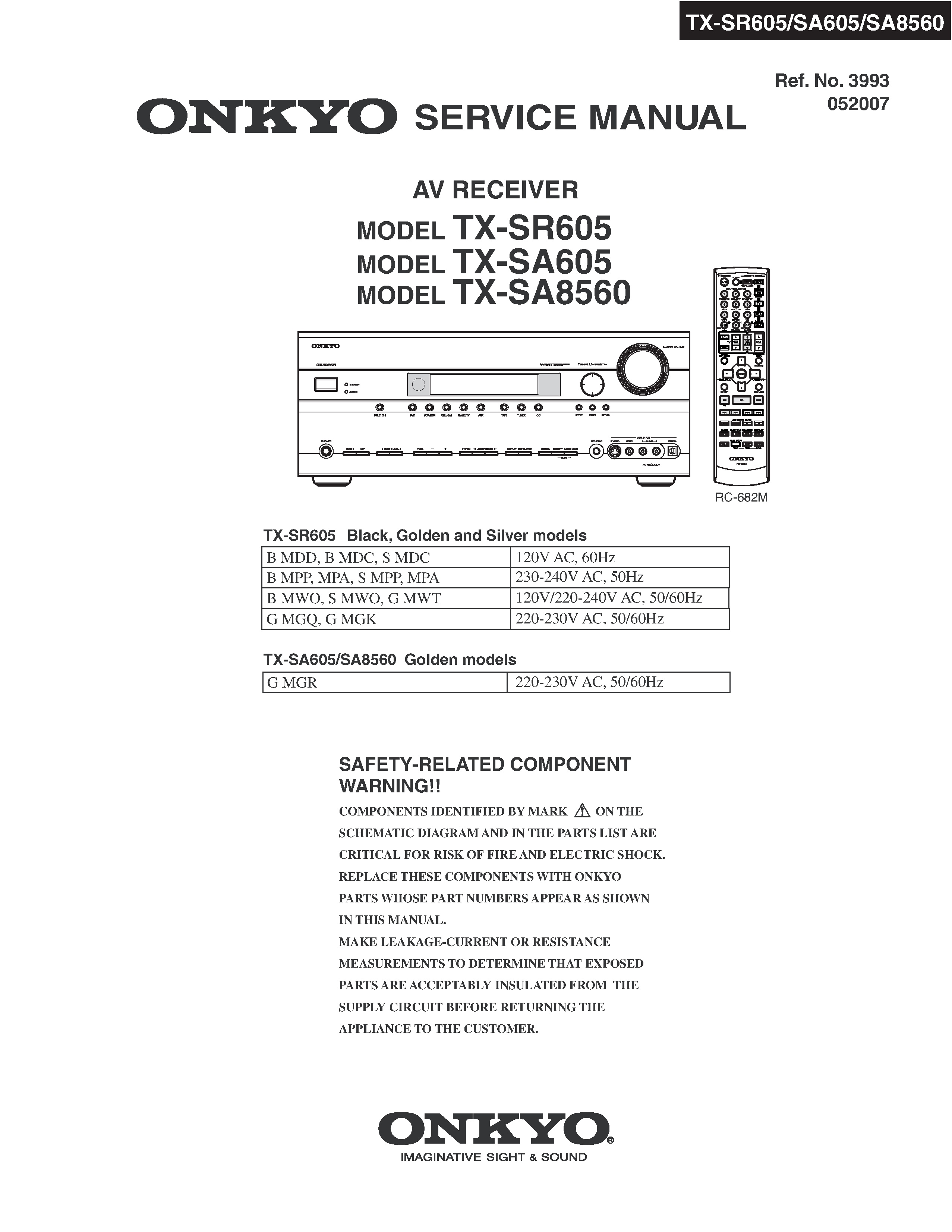 Onkyo tx sr605 service manual cover with an image of the device and its remote control, model type and code, manual issue date and service safety precaution notice