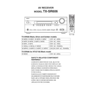 Onkyo tx sr606 service manual cover with an image of the device and its remote control, model type and code, manual issue date and service safety precaution notice