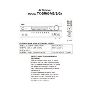 Onkyo tx sr607 service manual cover with an image of the device and its remote control, model type and code, manual issue date and service safety precaution notice
