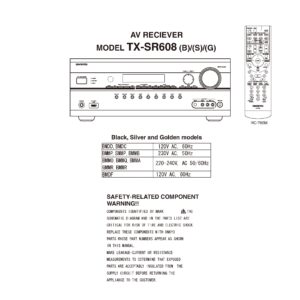 Onkyo tx sr608 service manual cover with an image of the device and its remote control, model type and code, manual issue date and service safety precaution notice