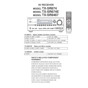 Onkyo tx sr674 service manual cover with an image of the device and its remote control, model type and code, manual issue date and service safety precaution notice