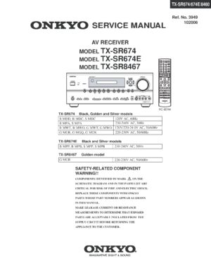 Onkyo tx sr674 service manual cover with an image of the device and its remote control, model type and code, manual issue date and service safety precaution notice