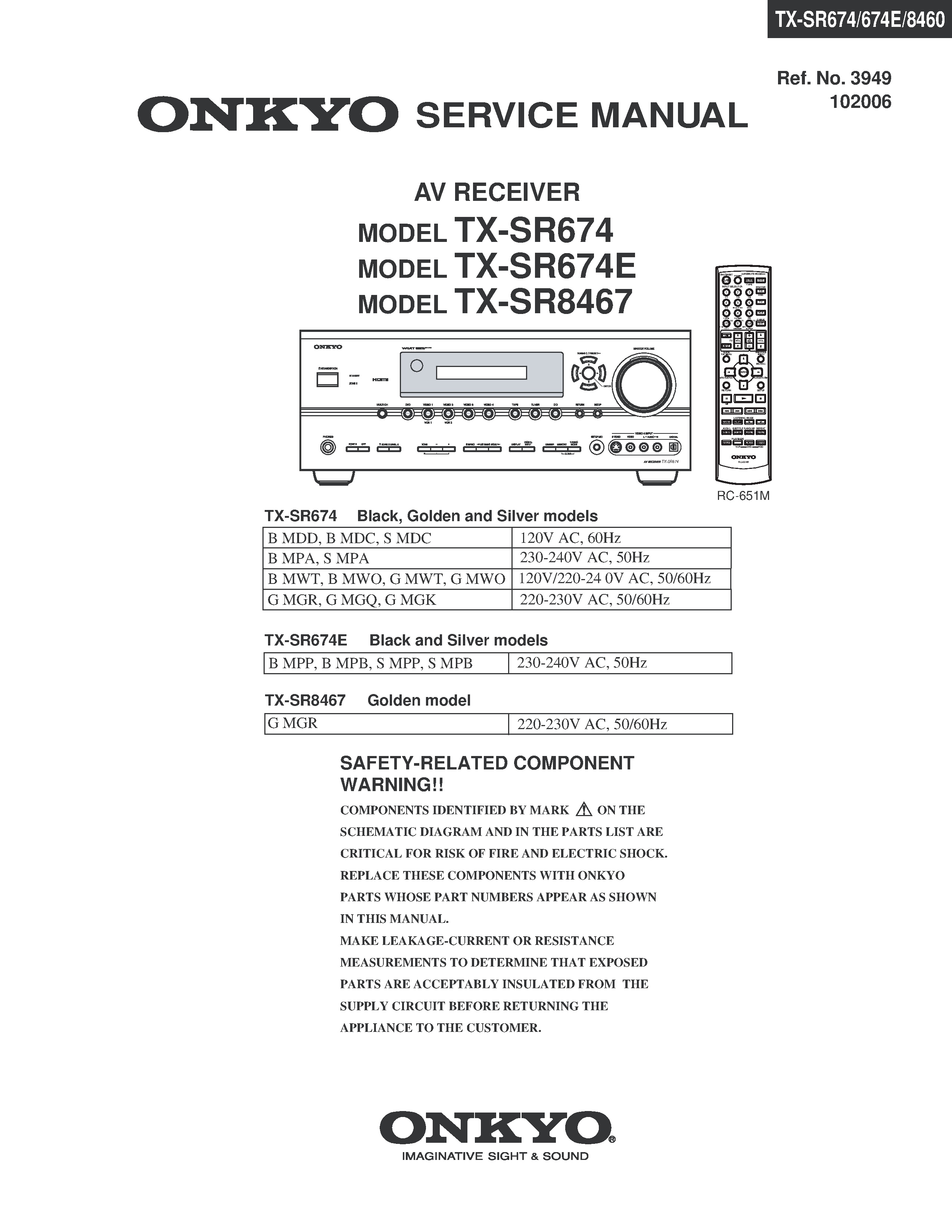 Onkyo tx sr674 service manual cover with an image of the device and its remote control, model type and code, manual issue date and service safety precaution notice