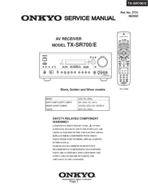 Onkyo tx sr700 service manual cover with an image of the device and its remote control, model type and code, manual issue date and service safety precaution notice