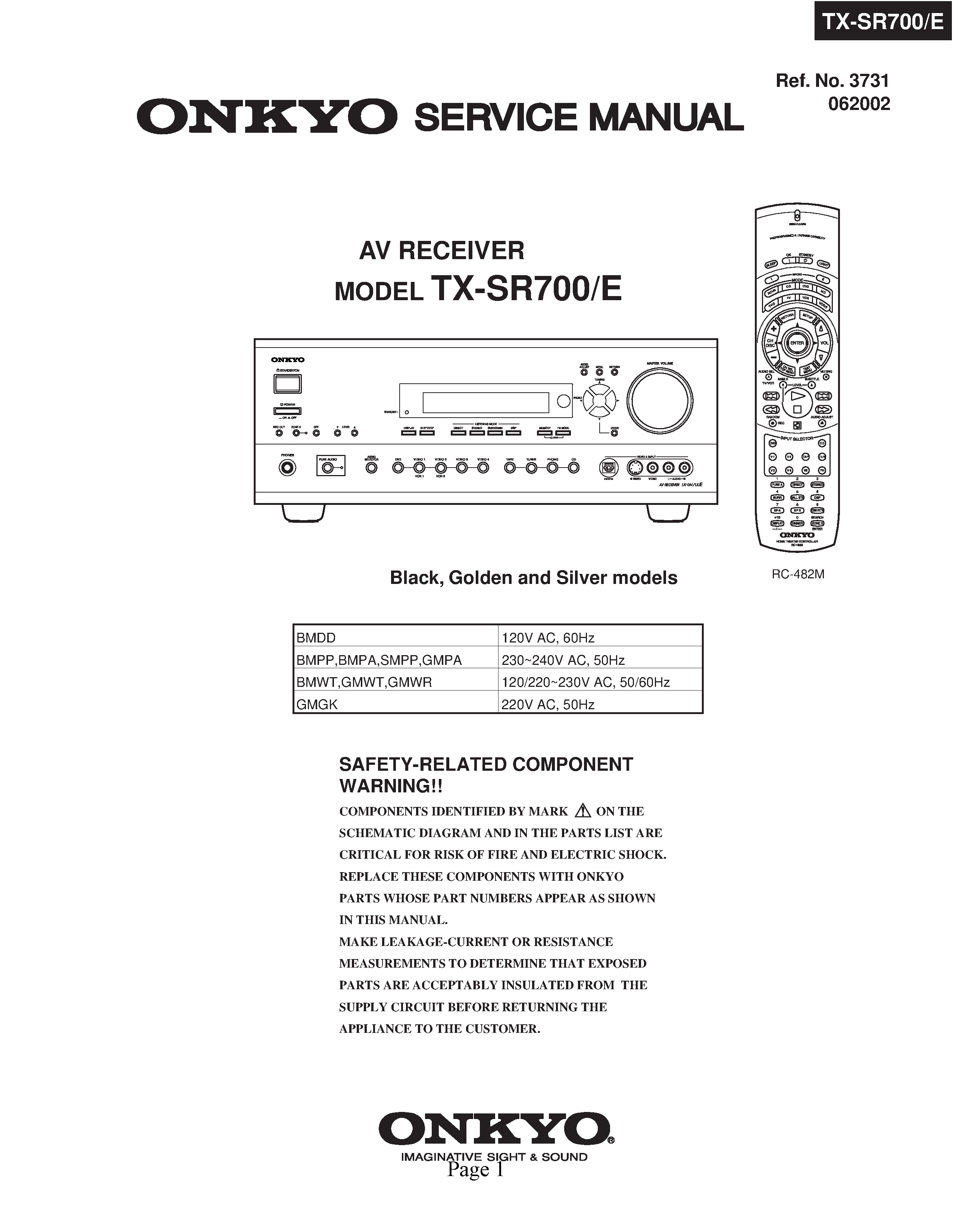 Onkyo tx sr700 service manual cover with an image of the device and its remote control, model type and code, manual issue date and service safety precaution notice