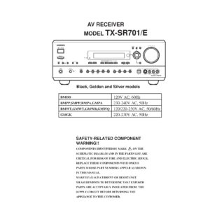 Onkyo tx sr701 service manual cover with an image of the device and its remote control, model type and code, manual issue date and service safety precaution notice