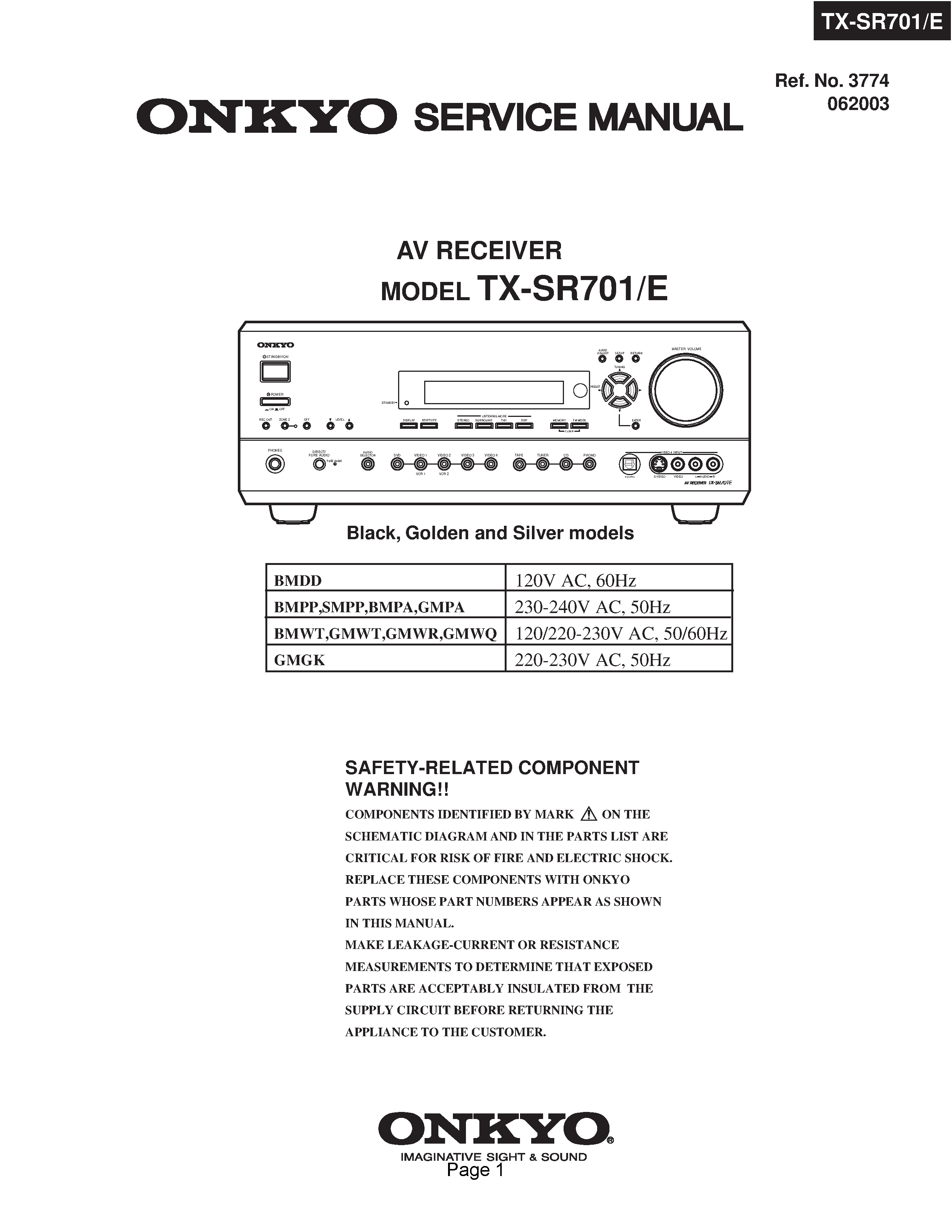 Onkyo tx sr701 service manual cover with an image of the device and its remote control, model type and code, manual issue date and service safety precaution notice