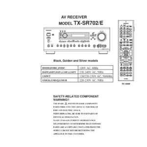 Onkyo tx sr702 service manual cover with an image of the device and its remote control, model type and code, manual issue date and service safety precaution notice