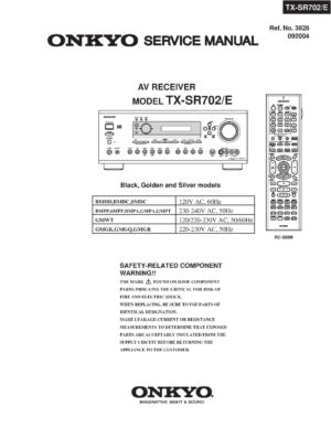 Onkyo tx sr702 service manual cover with an image of the device and its remote control, model type and code, manual issue date and service safety precaution notice
