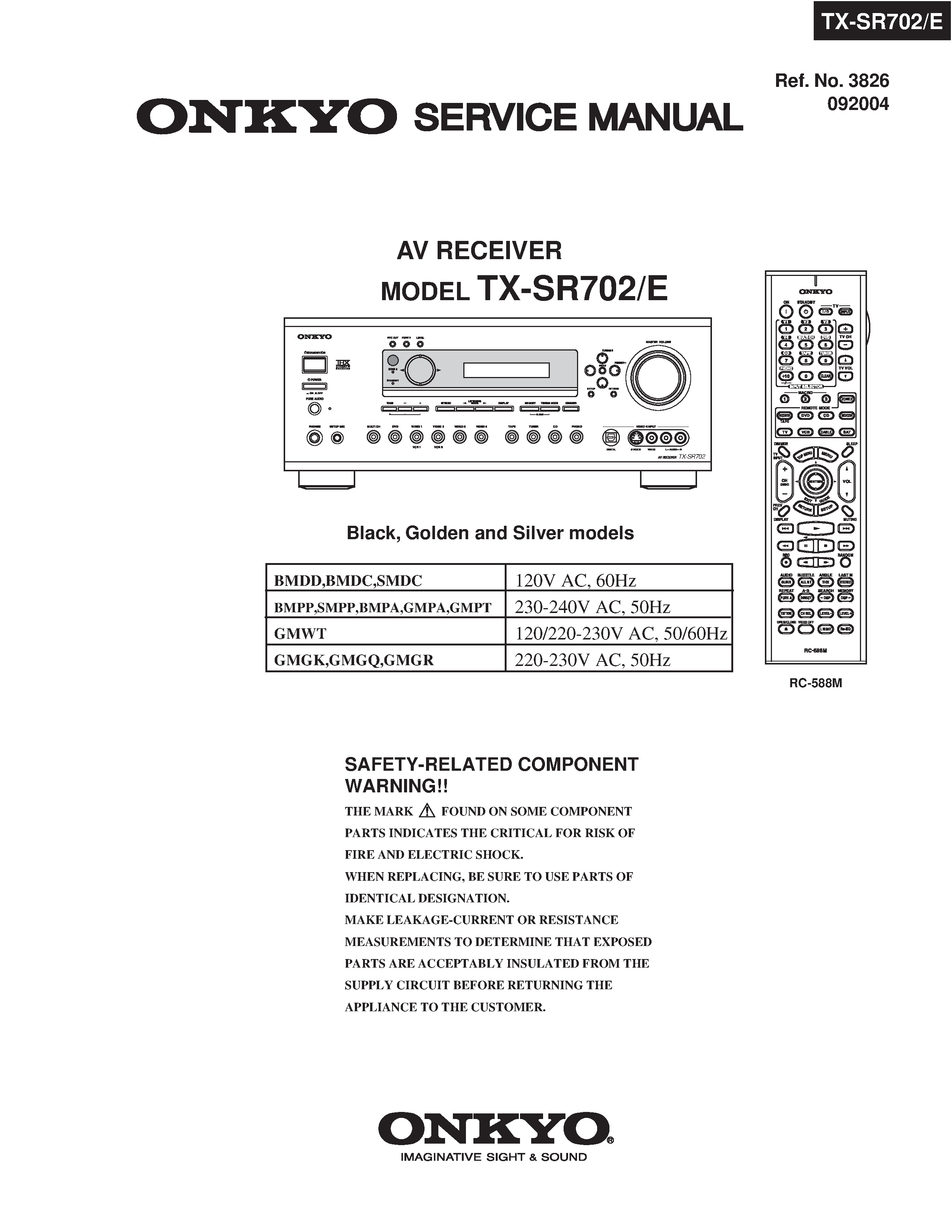 Onkyo tx sr702 service manual cover with an image of the device and its remote control, model type and code, manual issue date and service safety precaution notice