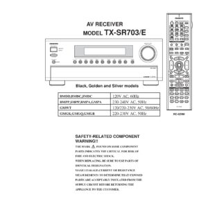Onkyo tx sr703 service manual cover with an image of the device and its remote control, model type and code, manual issue date and service safety precaution notice