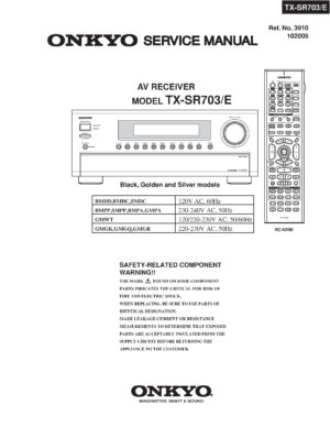 Onkyo tx sr703 service manual cover with an image of the device and its remote control, model type and code, manual issue date and service safety precaution notice