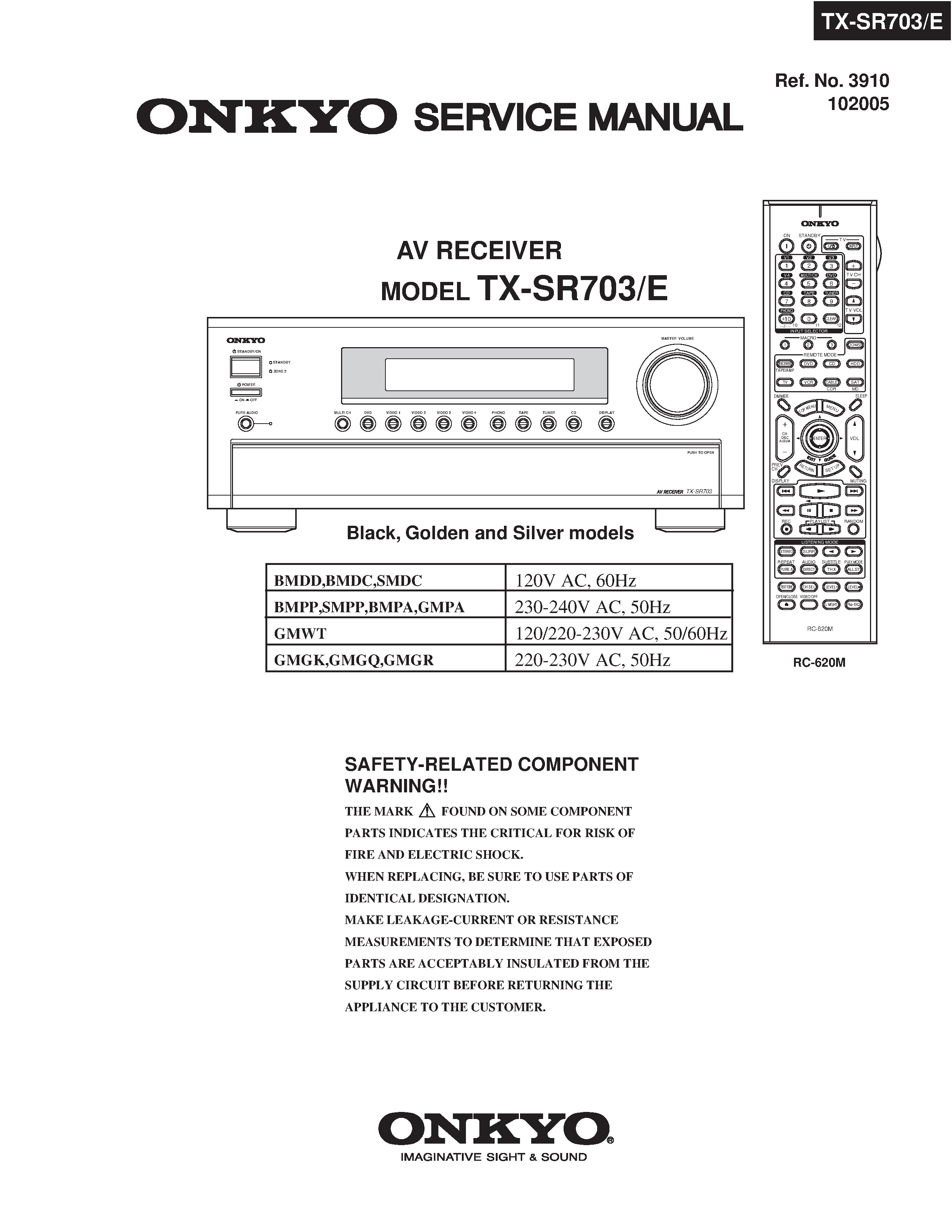 Onkyo tx sr703 service manual cover with an image of the device and its remote control, model type and code, manual issue date and service safety precaution notice