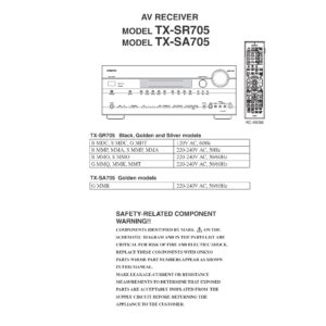 Onkyo tx sr705 service manual cover with an image of the device and its remote control, model type and code, manual issue date and service safety precaution notice